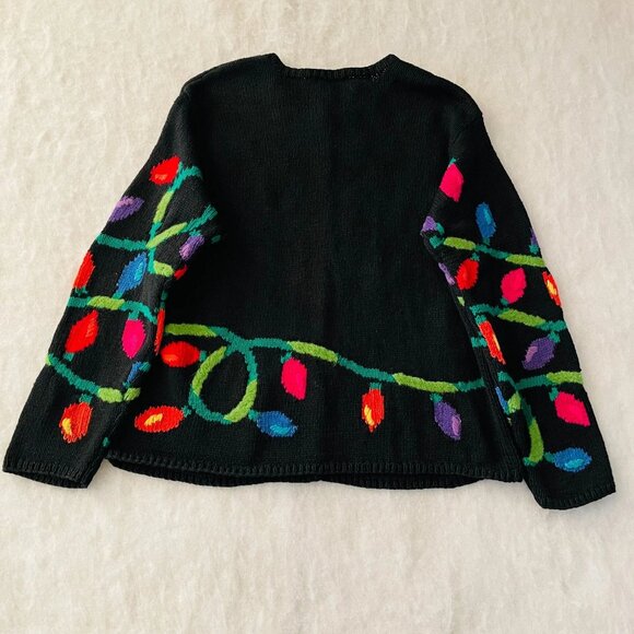 Talbots Y2K Hand Knit Women Black Christmas Holiday Light Cardigan Sweater L - Picture 3 of 11
